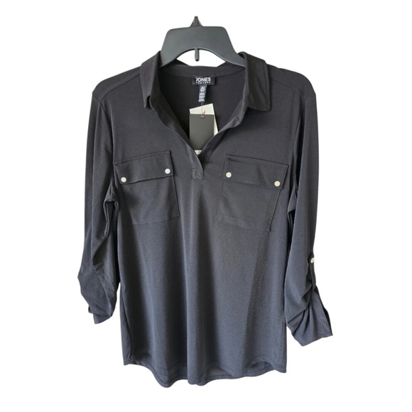 Jones New York Tops - $59 Jones New York Women Blouse Sz M Black Collared Roll Tab Sleeves Snap Button